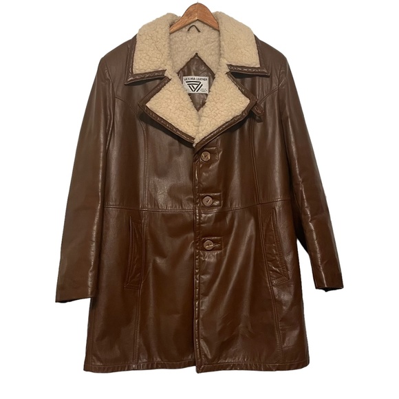 Victoria Leather Vintage 70s 80s Leather Winter Coat Shearling Lined Size 40 (M) - Picture 1 of 14